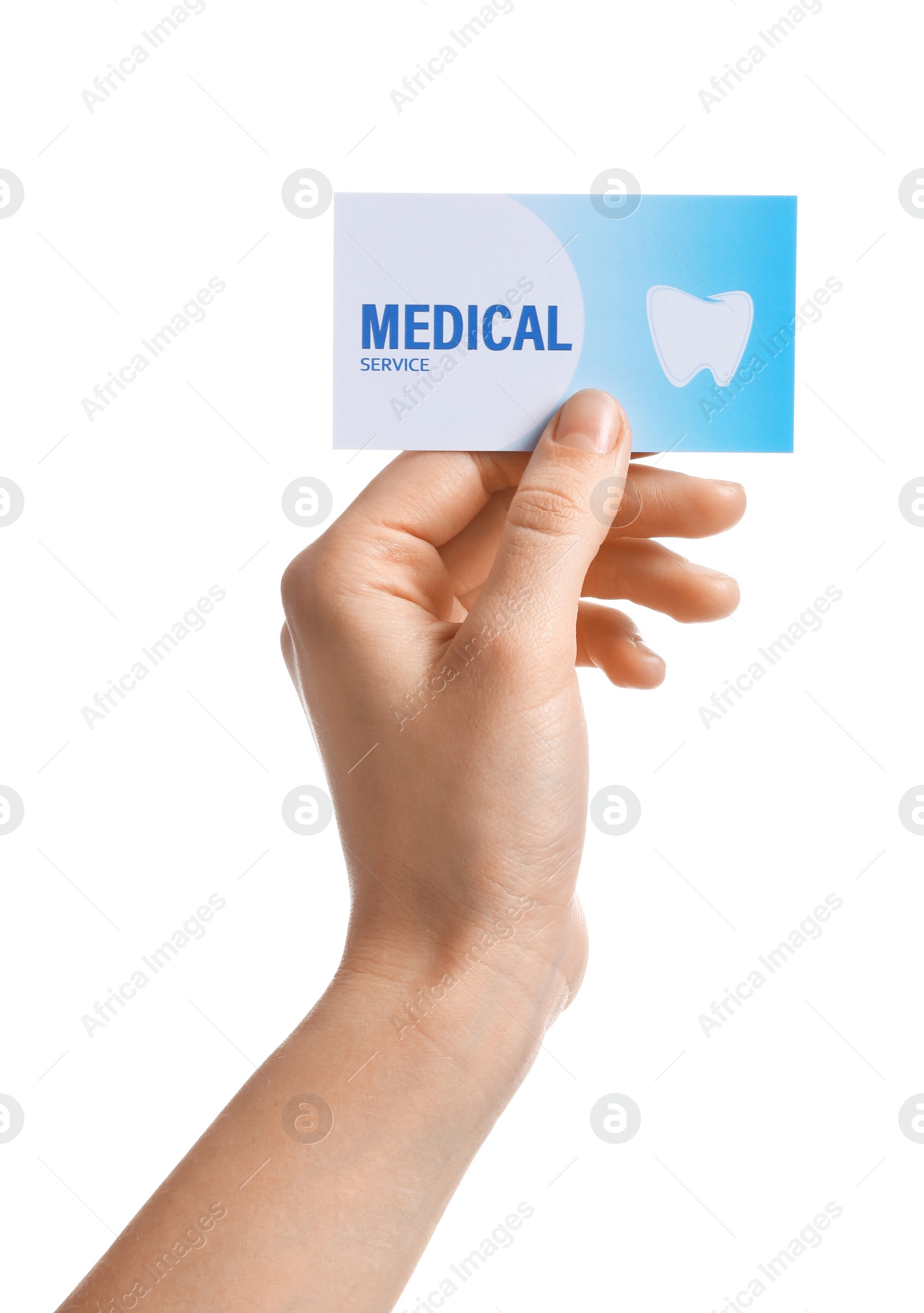 Photo of Woman holding business card isolated on white, closeup. Dental medical service