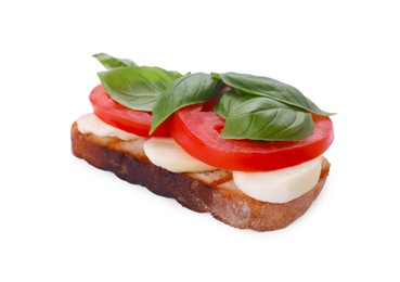 Photo of Delicious Caprese sandwich with mozzarella, tomato and basil isolated on white