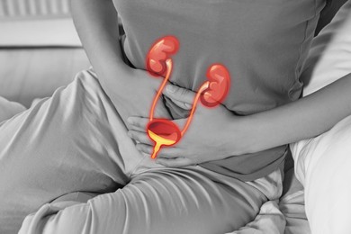 Image of Woman suffering from cystitis at home, closeup. Illustration of urinary system