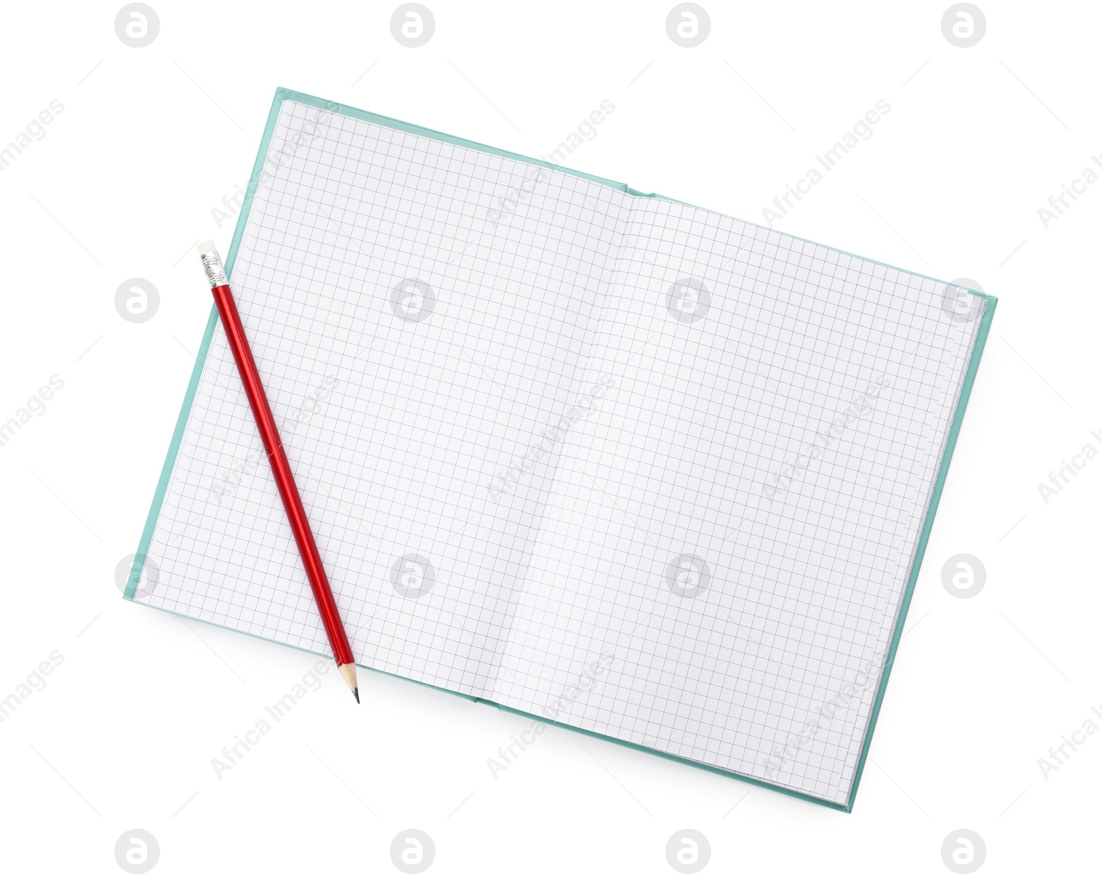 Photo of Open notebook with blank sheets and pencil isolated on white, top view