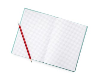 Photo of Open notebook with blank sheets and pencil isolated on white, top view