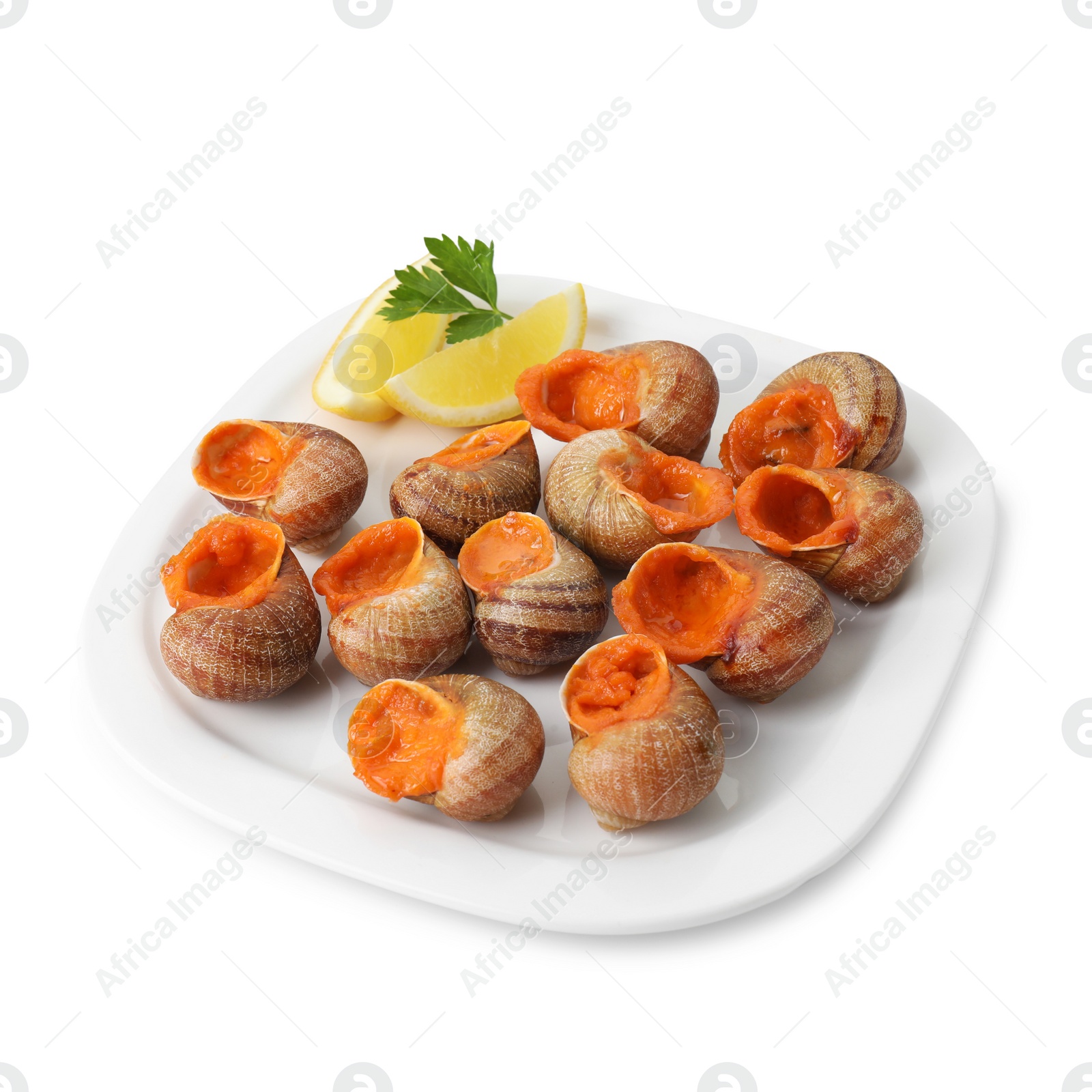 Photo of Delicious cooked snails with lemon and parsley isolated on white