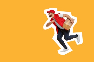 Image of Happy courier with parcel running on orange background, space for text