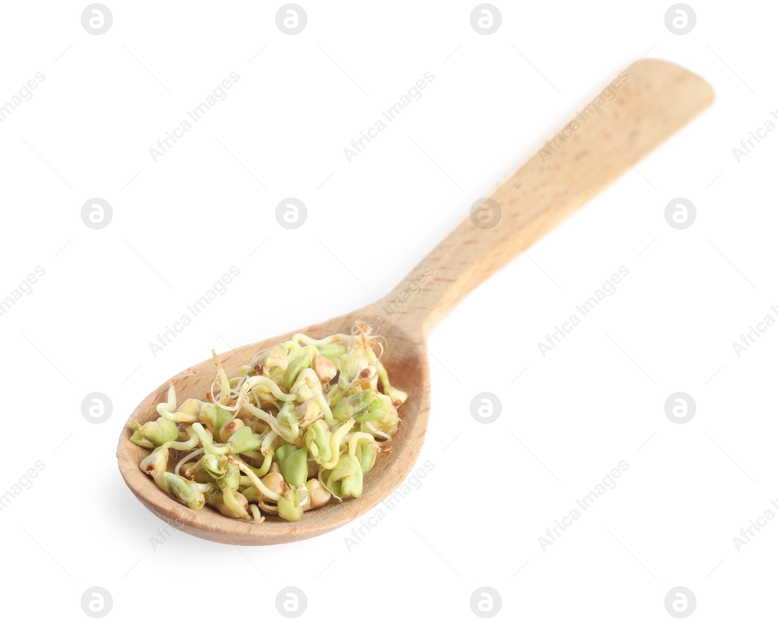 Photo of Wooden spoon of sprouted green buckwheat isolated on white