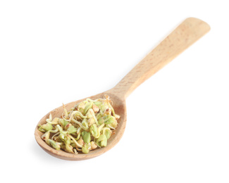 Photo of Wooden spoon of sprouted green buckwheat isolated on white