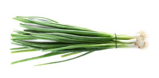 Photo of Bunch of fresh green onions on white background