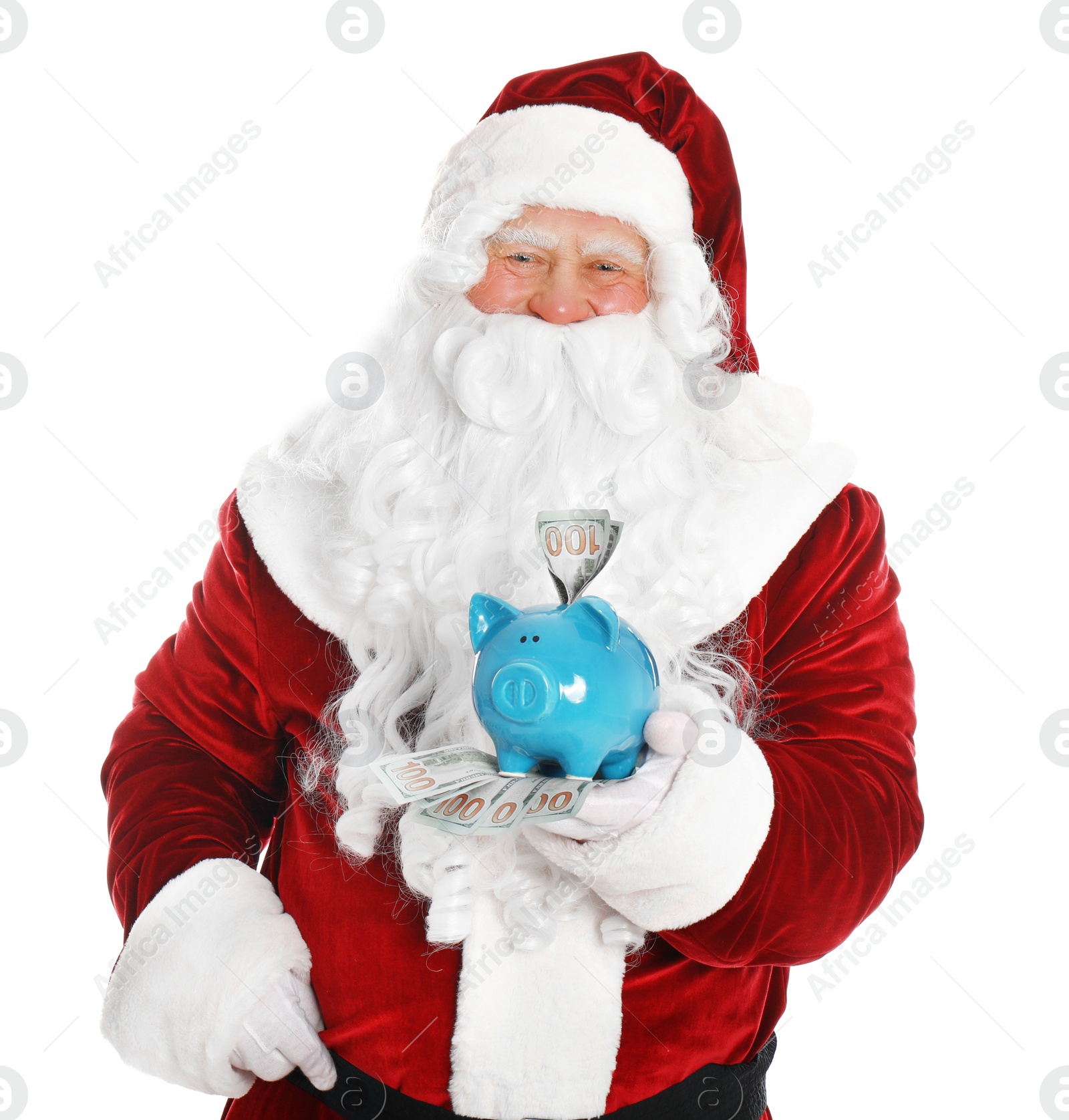 Photo of Santa Claus holding piggy bank with dollar banknotes on white background