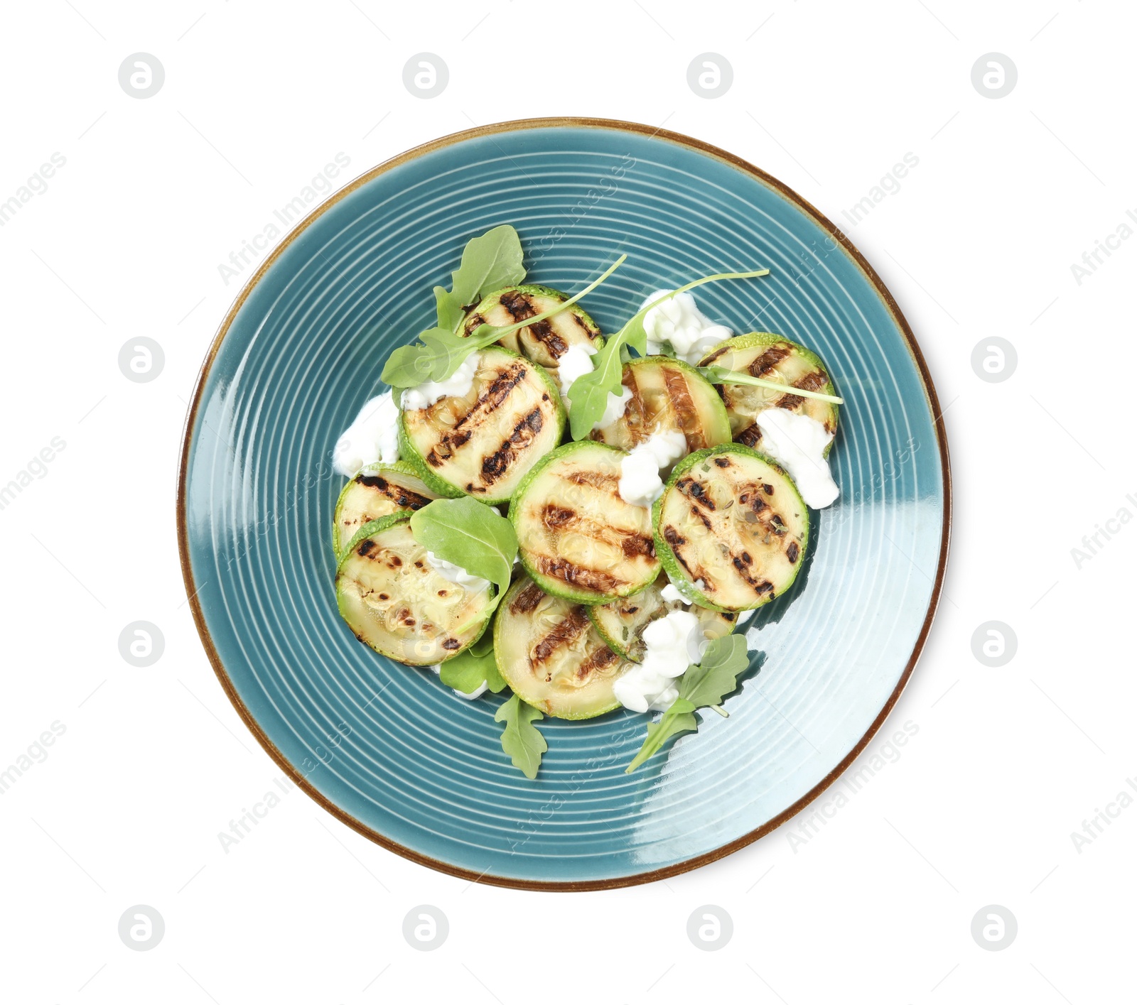 Photo of Delicious grilled zucchini slices served with cottage cheese on white background, top view