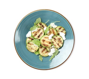 Photo of Delicious grilled zucchini slices served with cottage cheese on white background, top view