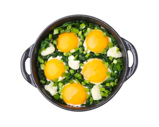 Photo of Frying pan with green shakshuka isolated on white