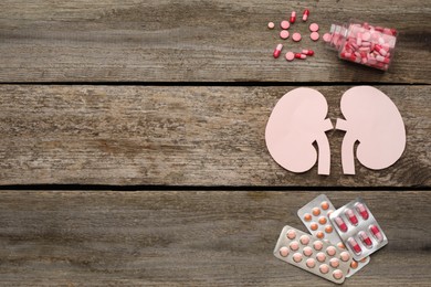 Paper cutout of kidneys and pills on wooden table, flat lay. Space for text