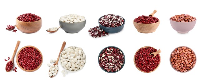 Image of Different raw kidney beans in bowls isolated on white. Collection with top and side views