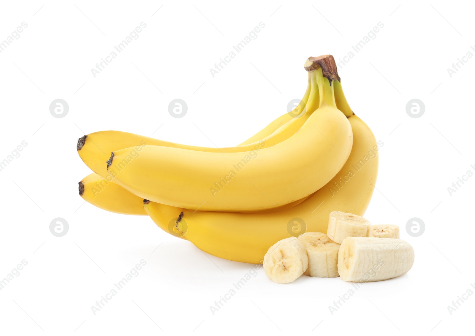 Photo of Delicious ripe bananas and pieces isolated on white