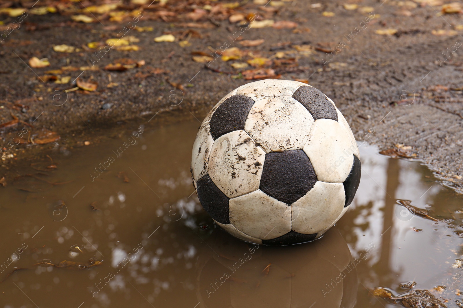 Photo of Dirty soccer ball in muddy puddle, space for text