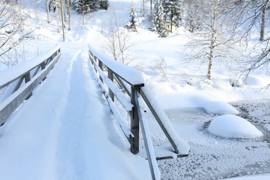Beautiful view of railings, trees and bushes covered with snow on winter day
