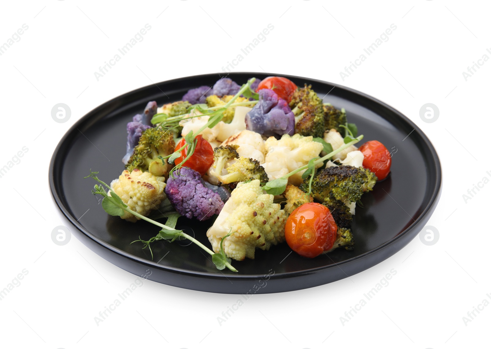 Photo of Delicious salad with cauliflower and tomato isolated on white