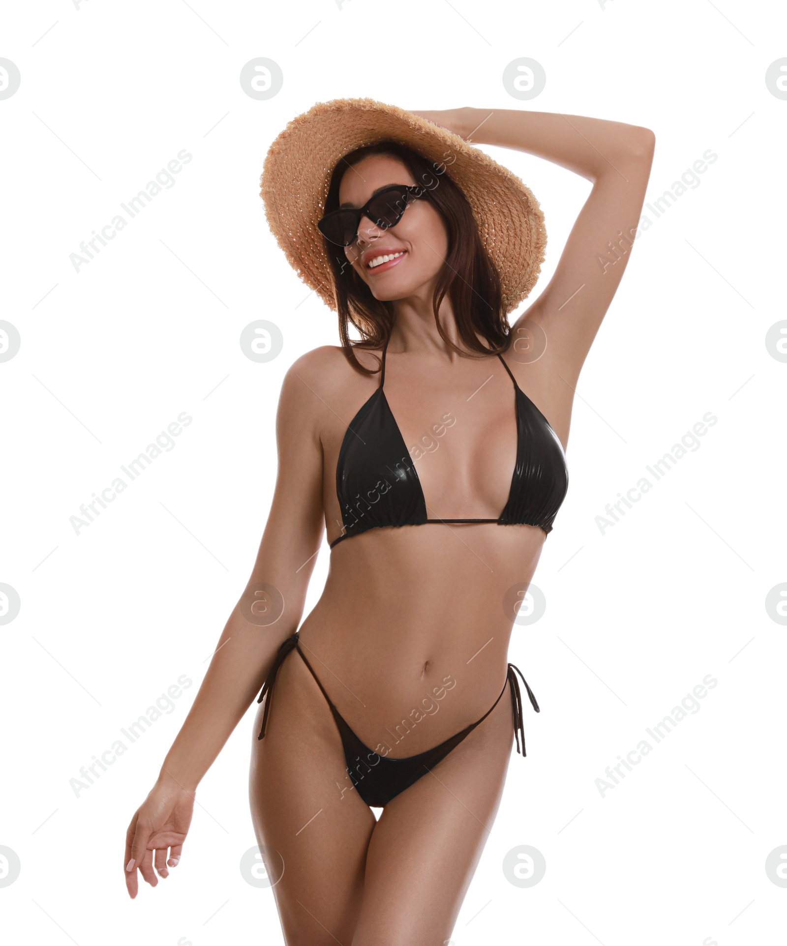 Photo of Beautiful woman in stylish bikini on white background