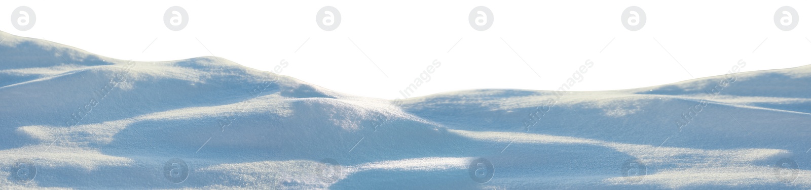 Image of Heap of snow on white background, closeup. Banner design