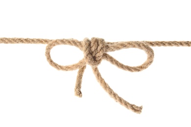 Photo of Hemp rope with bow knot on white background