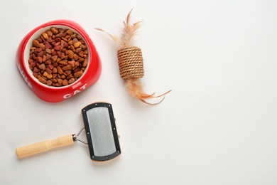 Cat's accessories and food on white background