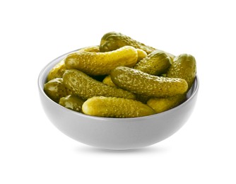 Photo of Bowl of tasty pickled cucumbers isolated on white