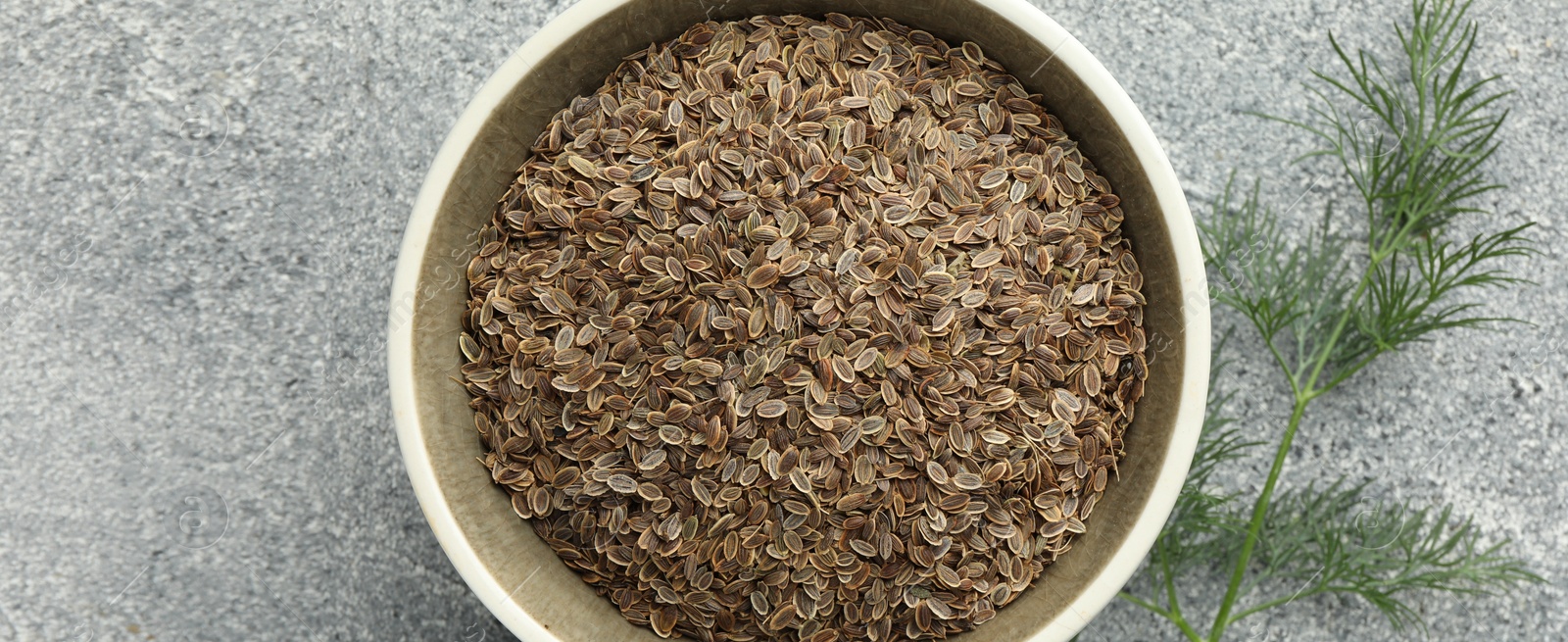 Image of Dill seeds in bowl on grey table, top view. Banner design