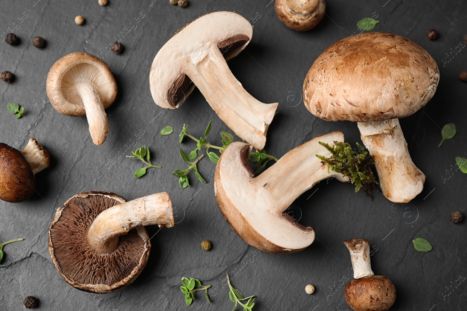 Photo of Flat lay composition with fresh wild mushrooms on black table