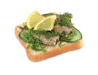 Photo of Delicious sandwich with smoked sprats, cucumber and lemon isolated on white