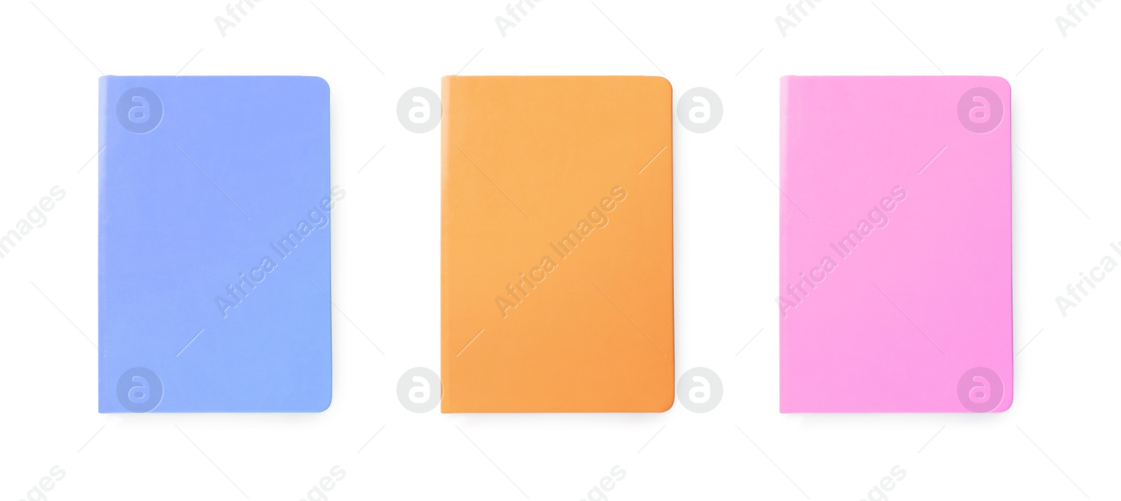 Image of Set with multicolor notebooks on white background, top view. Banner design