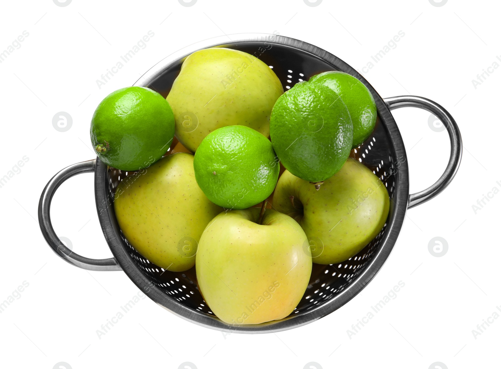 Photo of Colander with fresh fruits isolated on white, top view