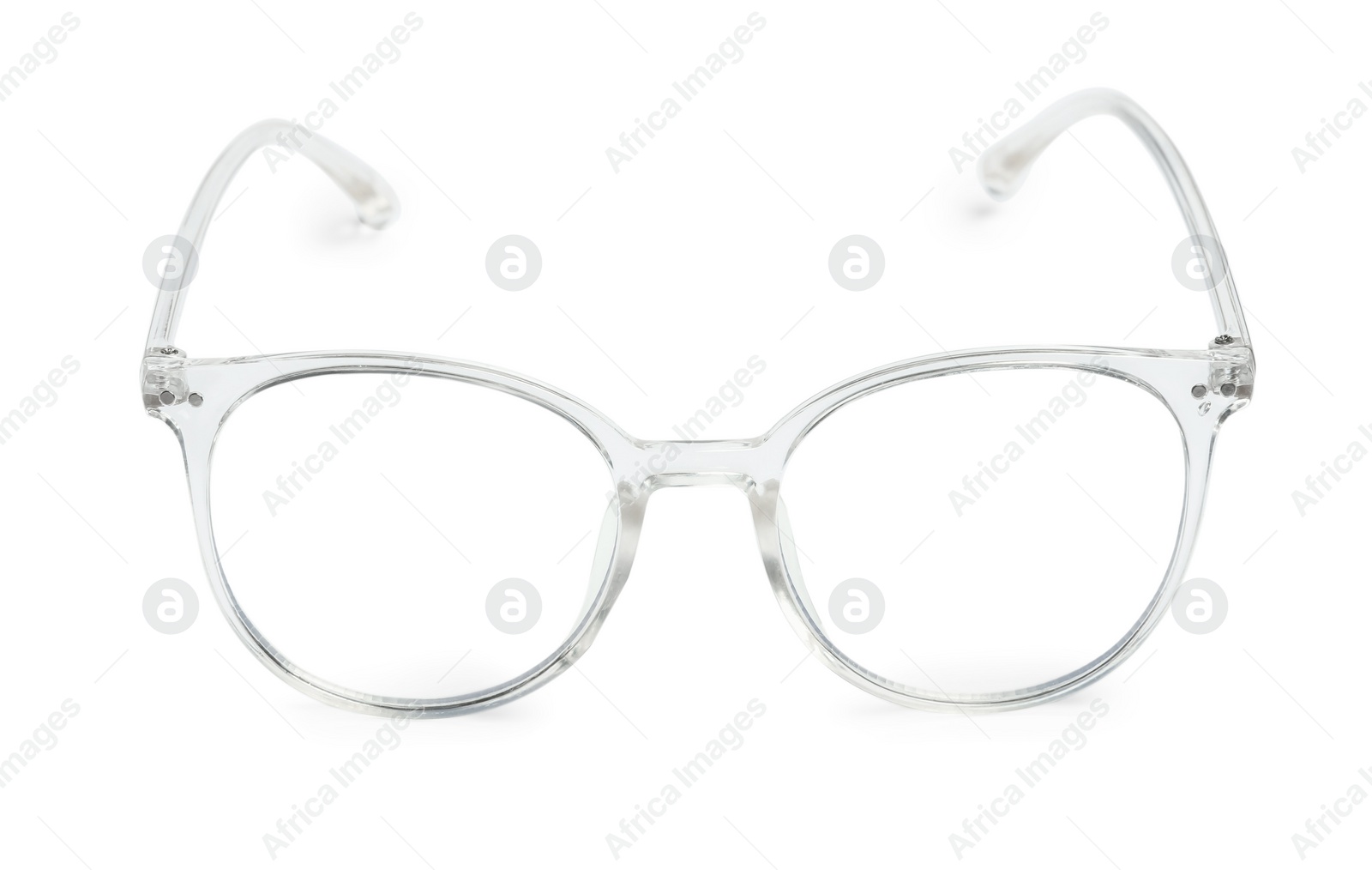 Photo of Stylish glasses with transparent frame isolated on white