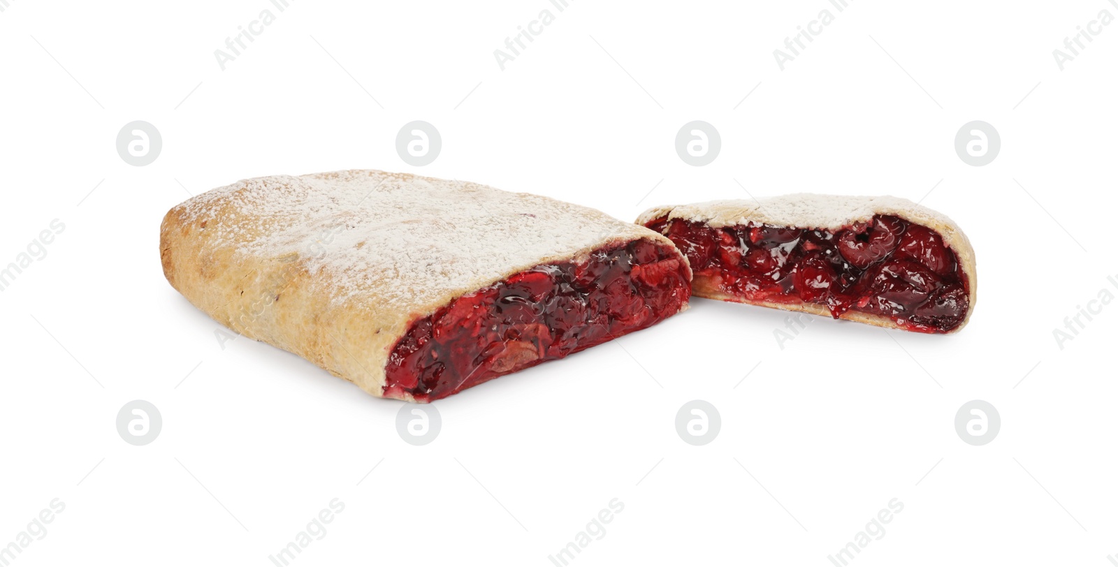 Photo of Delicious cut strudel with cherries isolated on white