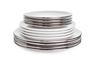 Photo of Stack of beautiful ceramic plates isolated on white