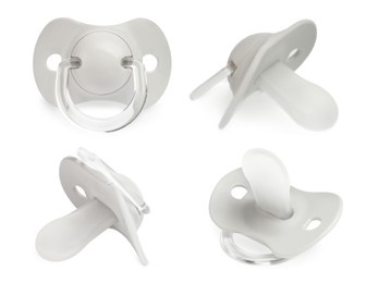 Image of Collage of light grey baby pacifier on white background, views from different sides