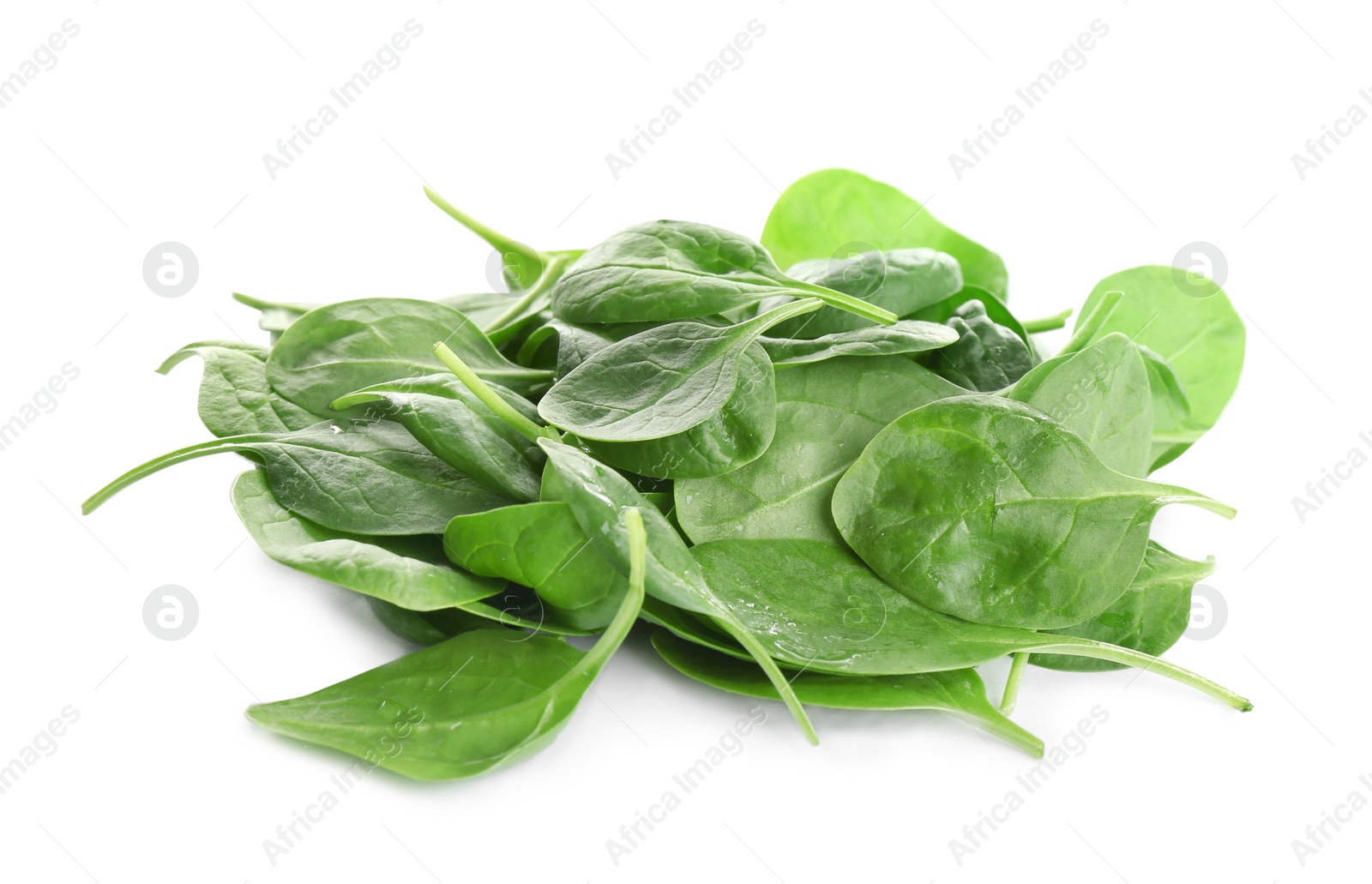 Photo of Pile of fresh green healthy baby spinach leaves on white background