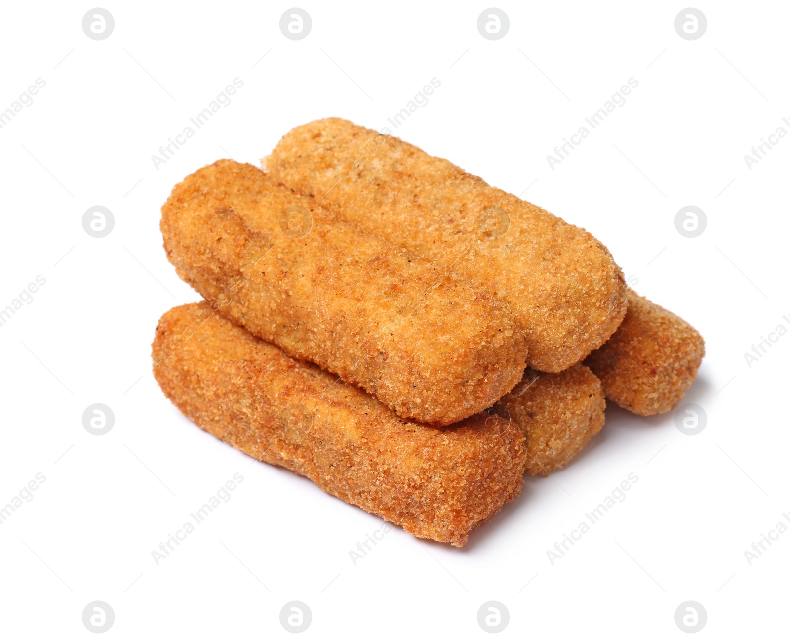 Photo of Pile of tasty cheese sticks isolated on white