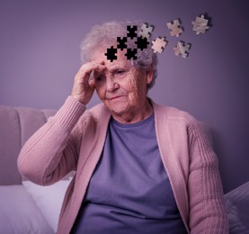 Image of Elderly woman suffering from dementia at home. Illustration of head as jigsaw puzzle losing pieces