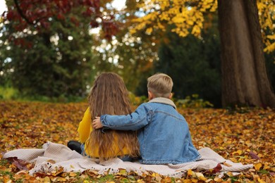 Photo of Children sitting on blanket in autumn park, back view