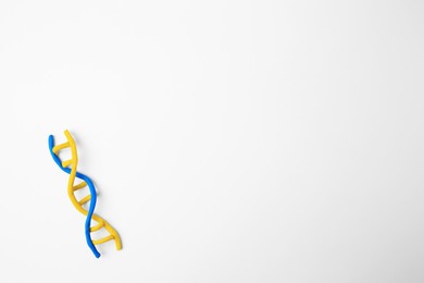 DNA molecule model made of colorful plasticine on white background, top view. Space for text