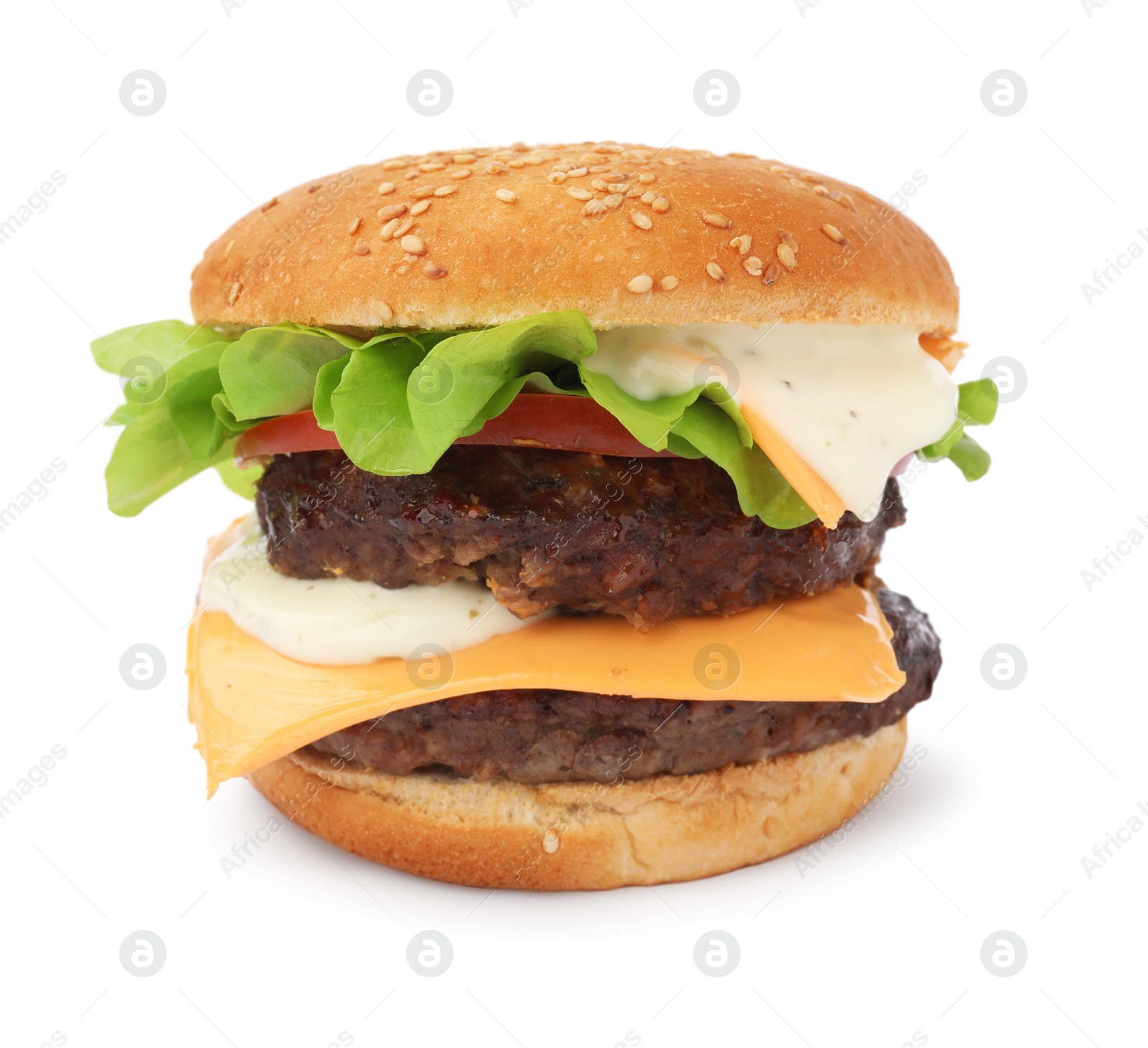 Photo of Tasty cheeseburger with patties and tomato isolated on white