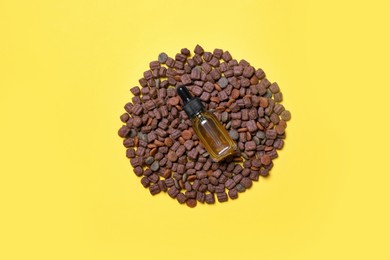 Glass bottle of tincture and dry pet food on yellow background, top view