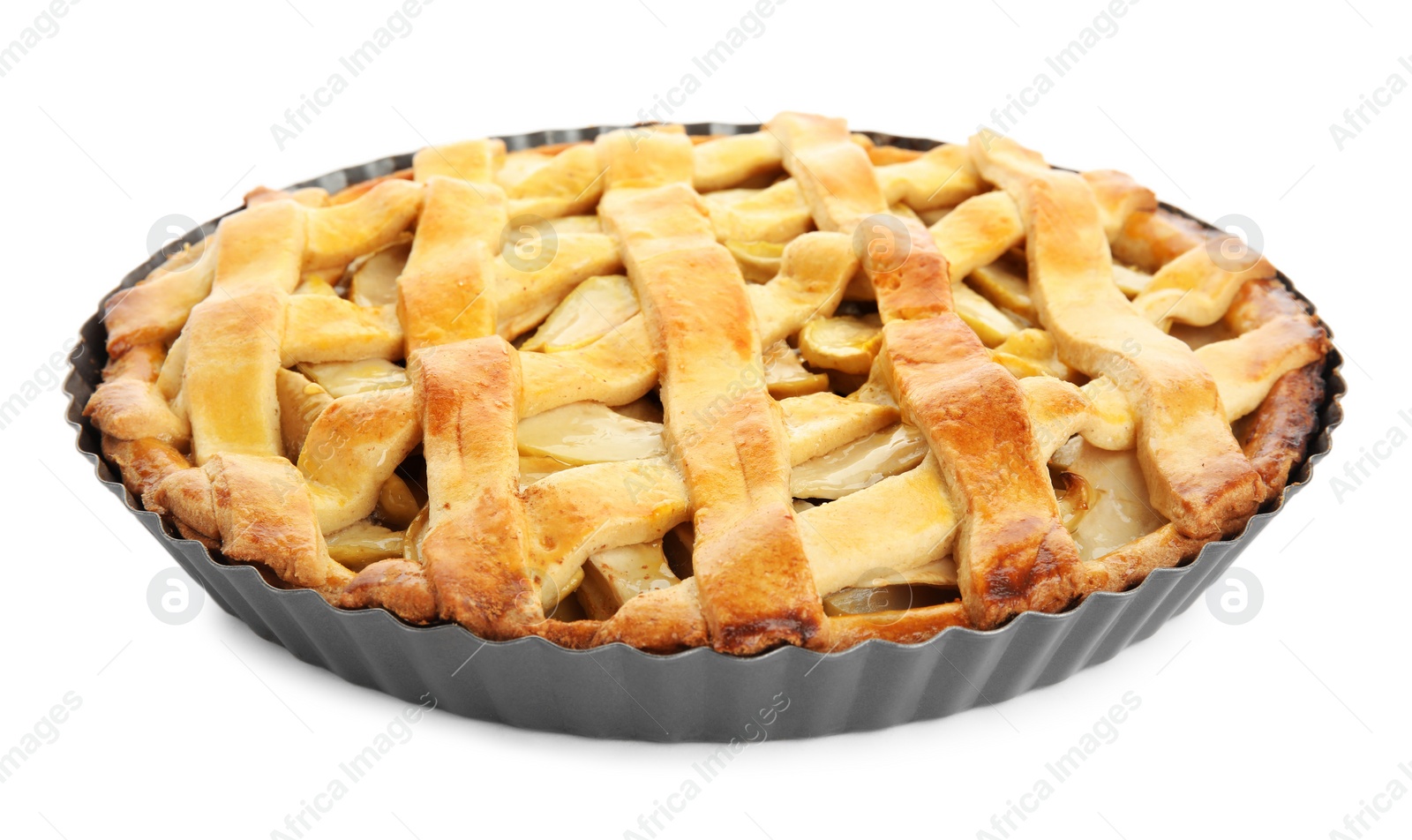 Photo of Delicious traditional apple pie isolated on white