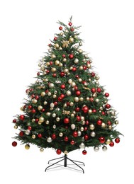 Photo of Beautifully decorated Christmas tree on white background