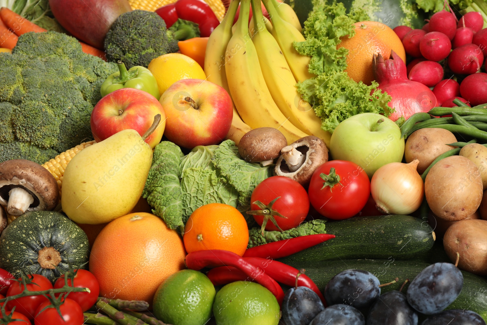 Photo of Assortment of fresh organic fruits and vegetables as background, closeup