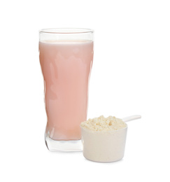 Photo of Protein shake and powder isolated on white