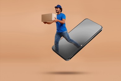 Courier with parcel jumping out from huge smartphone on dark beige background. Delivery service