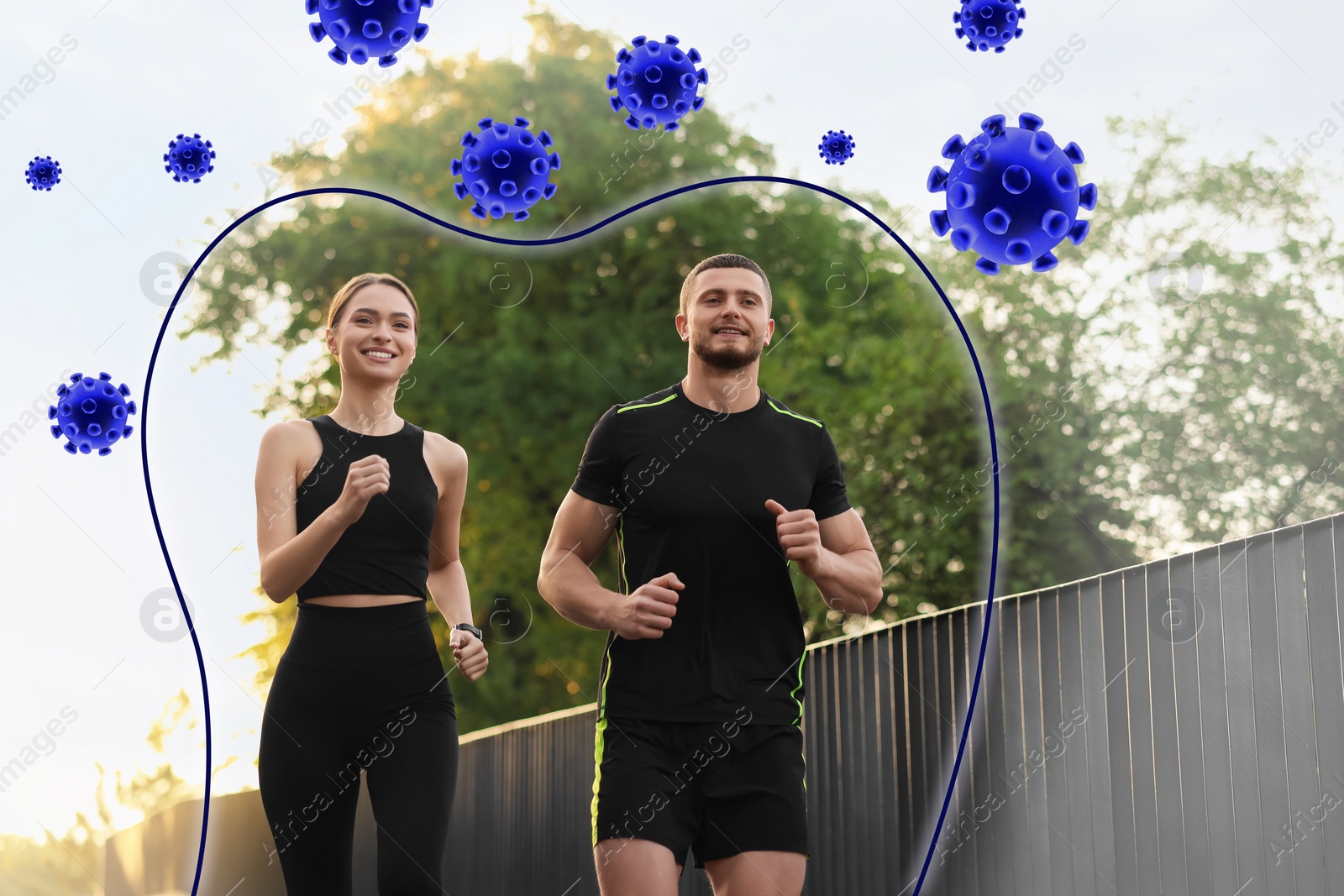 Image of Couple with strong immunity running outdoors. Outline around them blocking viruses, illustration