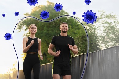 Couple with strong immunity running outdoors. Outline around them blocking viruses, illustration