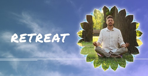 Wellness retreat. Man meditating near tree and blue sky on background, banner design