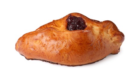 Delicious baked patty with cherry on white background